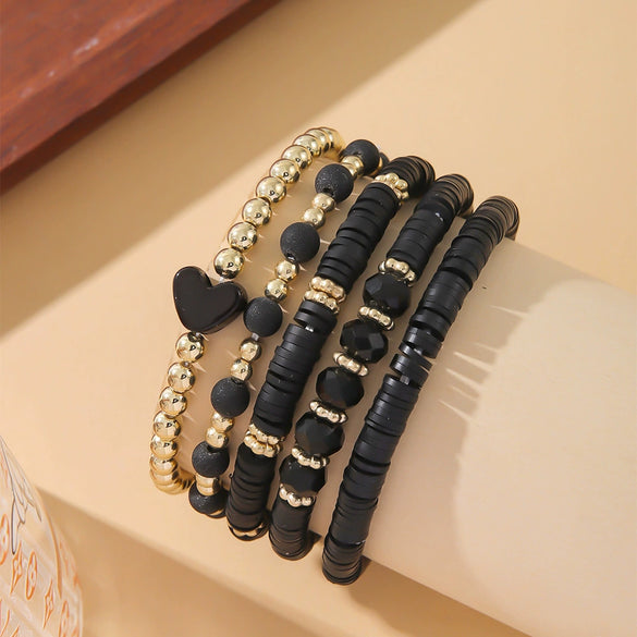 Bohemian Soft Clay Elastic Rope Heart Gold Spacer Bead Women's Bracelet Set Jewelry