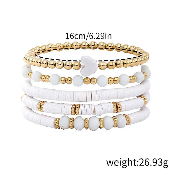 Bohemian Soft Clay Elastic Rope Heart Gold Spacer Bead Women's Bracelet Set Jewelry