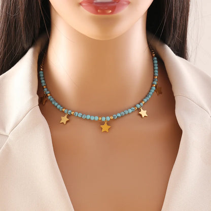 Stainless Steel Turquoise 18K Gold Plated Bohemian Beaded Star Eye Butterfly Pendant Necklace