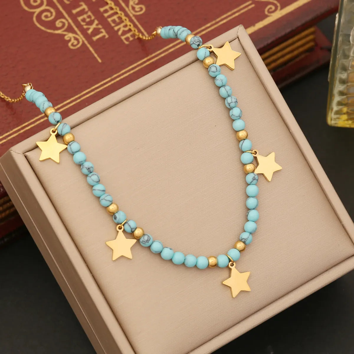 Stainless Steel Turquoise 18K Gold Plated Bohemian Beaded Star Eye Butterfly Pendant Necklace