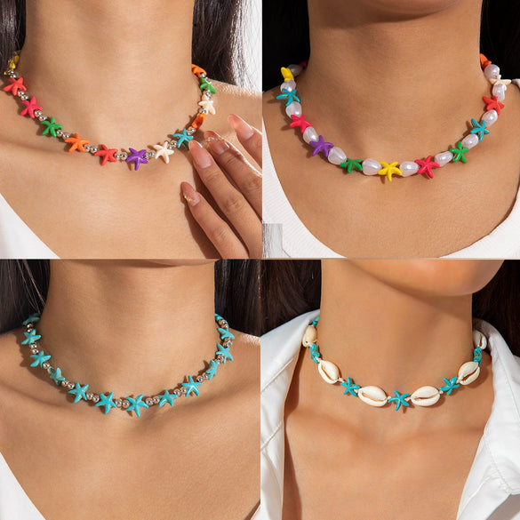 Bohemian Starfish Beaded Single Layer Women's Necklace Alloy Electroplated Shell Pendant