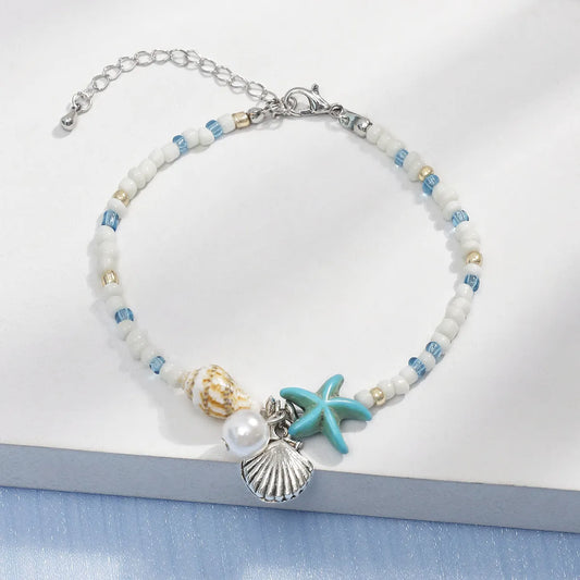 Bohemian Starfish Conch Shell Beaded Alloy Inlay Artificial Pearls Turquoise Women'S Bracelets