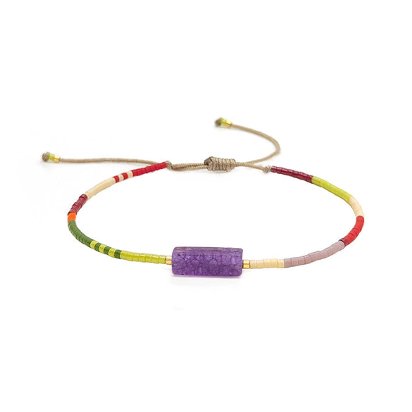 Bohemian Style Friendship Hand Rope Glass Glaze Miyuki Beaded Amethyst Bracelet Hand Woven Geometric Design For Girls