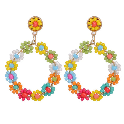 Bohemian Style Geometric Round Handmade Flower Rice Bead Woven Earrings