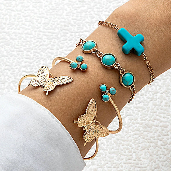 Bohemian Style Inlaid Turquoise Alloy Bracelet Suit With Exaggerated Butterfly Design Electroplated For Women