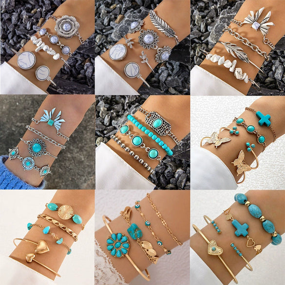 Bohemian Style Inlaid Turquoise Alloy Bracelet Suit With Exaggerated Butterfly Design Electroplated For Women