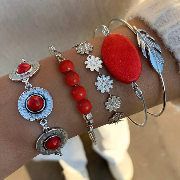 Bohemian Style Inlaid Turquoise Alloy Bracelet Suit With Exaggerated Butterfly Design Electroplated For Women