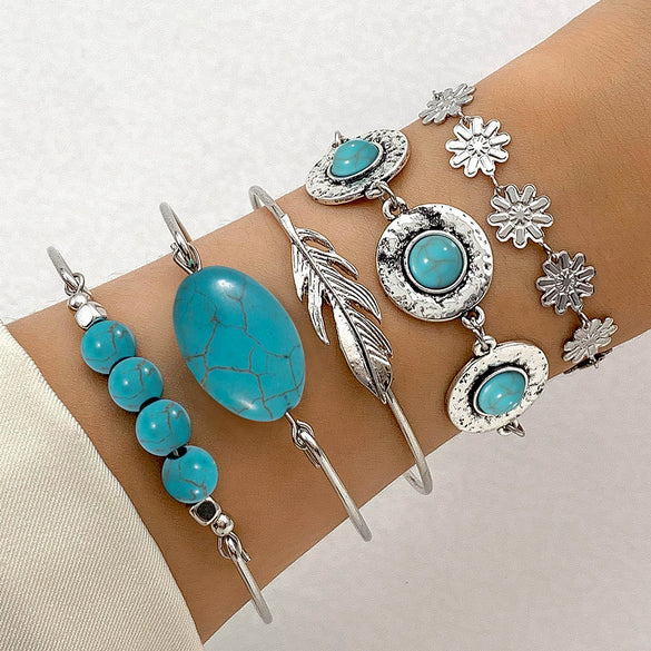 Bohemian Style Inlaid Turquoise Alloy Bracelet Suit With Exaggerated Butterfly Design Electroplated For Women