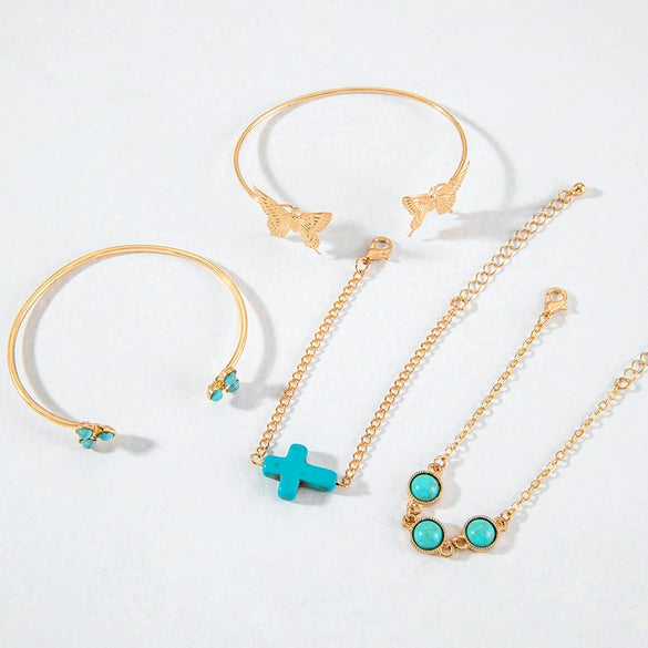 Bohemian Style Inlaid Turquoise Alloy Bracelet Suit With Exaggerated Butterfly Design Electroplated For Women