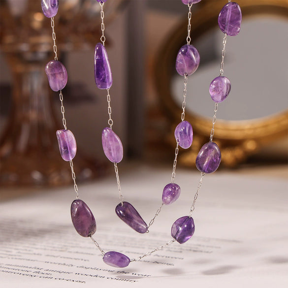 Bohemian Style Irregular Purple Natural Stone And Stainless Steel Bracelet And Clavicle Necklace For Women With Electroplating