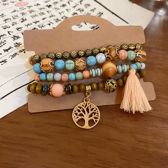Bohemian Style Multi Layer Handmade Sandalwood Beaded Geometric Shaped Bracelet For Women