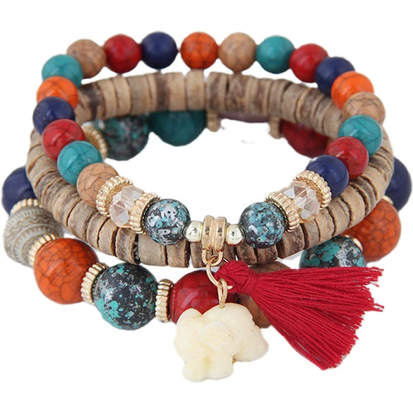 Bohemian Style Multilayer Beaded Bracelet For Women With Small Elephant Tassel Plastic And Resin Beads Animal Pattern Jewelry