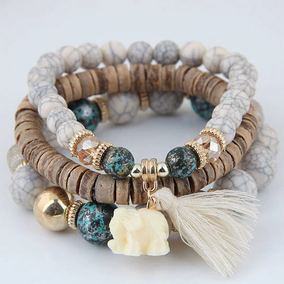 Bohemian Style Multilayer Beaded Bracelet For Women With Small Elephant Tassel Plastic And Resin Beads Animal Pattern Jewelry