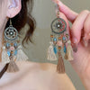 Bohemian Style Old Tassel Beaded Ear Hook Long Earrings Handmade With Artificial Leather And Flower Shape