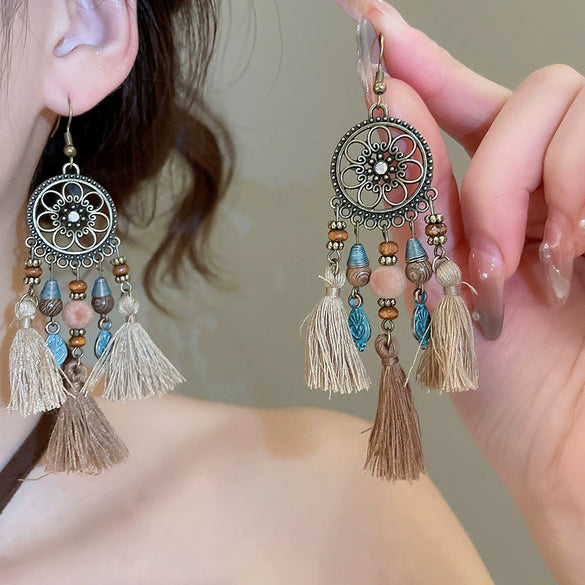 Bohemian Style Old Tassel Beaded Ear Hook Long Earrings Handmade With Artificial Leather And Flower Shape