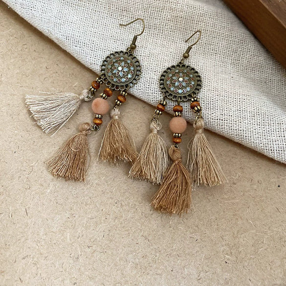 Bohemian Style Old Tassel Beaded Ear Hook Long Earrings Handmade With Artificial Leather And Flower Shape