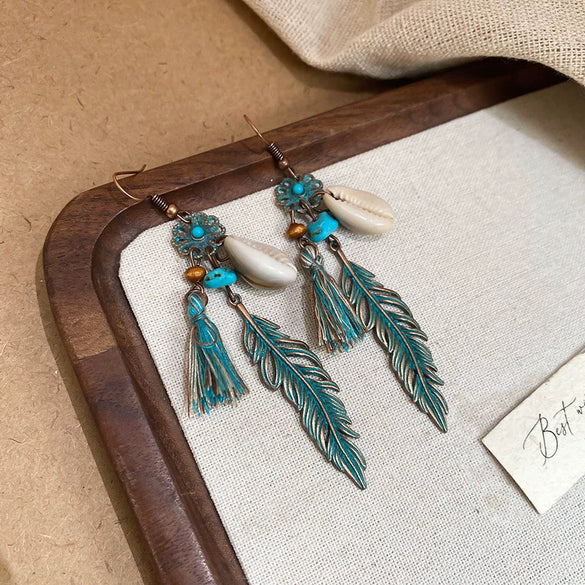 Bohemian Style Old Tassel Beaded Ear Hook Long Earrings Handmade With Artificial Leather And Flower Shape