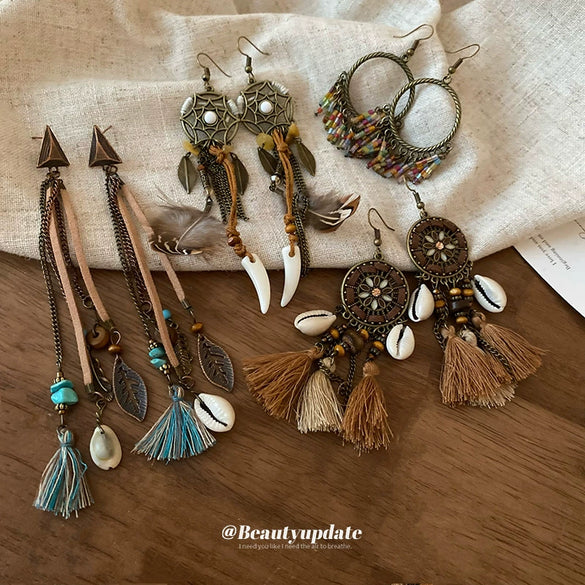 Bohemian Style Old Tassel Beaded Ear Hook Long Earrings Handmade With Artificial Leather And Flower Shape