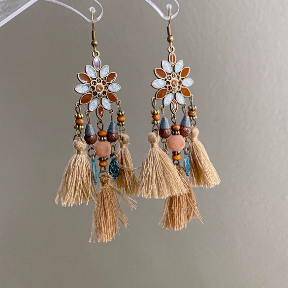 Bohemian Style Old Tassel Beaded Ear Hook Long Earrings Handmade With Artificial Leather And Flower Shape
