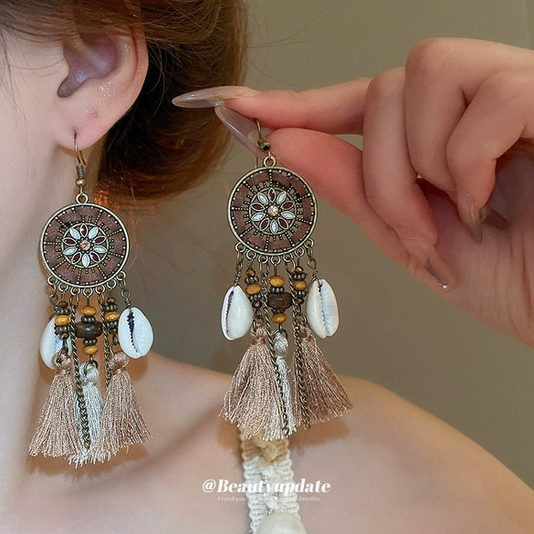 Bohemian Style Old Tassel Beaded Ear Hook Long Earrings Handmade With Artificial Leather And Flower Shape