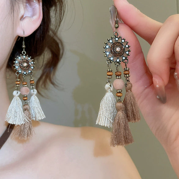 Bohemian Style Old Tassel Beaded Ear Hook Long Earrings Handmade With Artificial Leather And Flower Shape