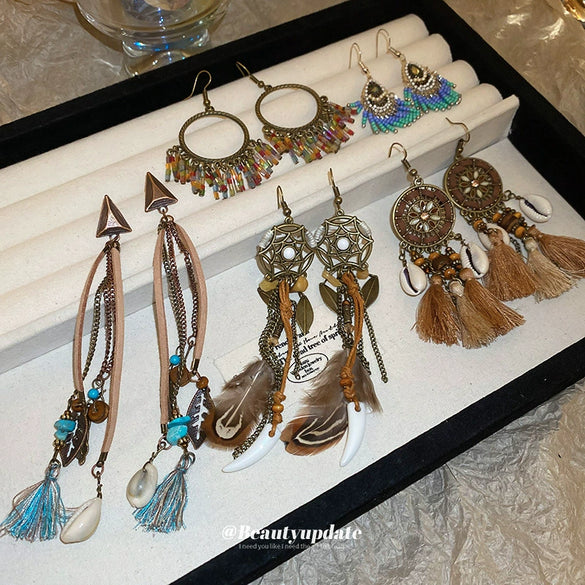 Bohemian Style Old Tassel Beaded Ear Hook Long Earrings Handmade With Artificial Leather And Flower Shape