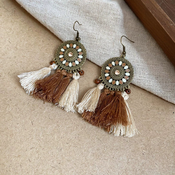 Bohemian Style Old Tassel Beaded Ear Hook Long Earrings Handmade With Artificial Leather And Flower Shape