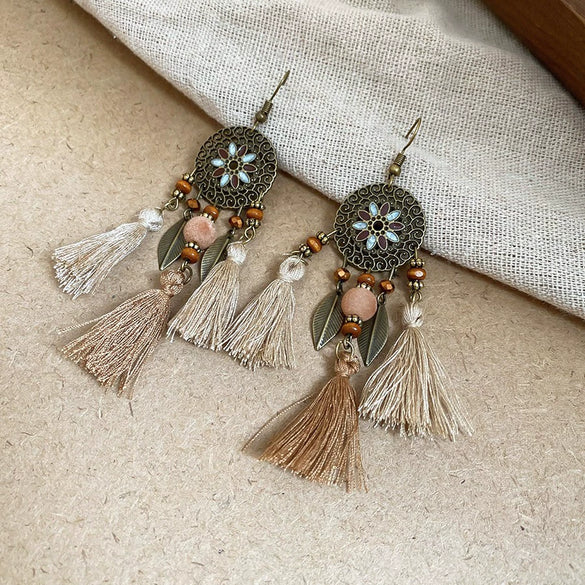 Bohemian Style Old Tassel Beaded Ear Hook Long Earrings Handmade With Artificial Leather And Flower Shape