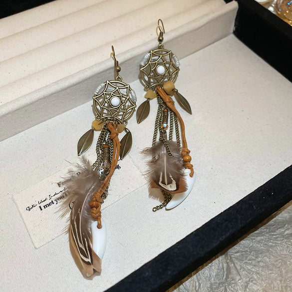Bohemian Style Old Tassel Beaded Ear Hook Long Earrings Handmade With Artificial Leather And Flower Shape