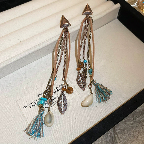 Bohemian Style Old Tassel Beaded Ear Hook Long Earrings Handmade With Artificial Leather And Flower Shape