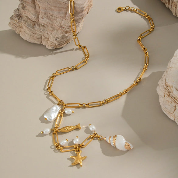 Bohemian Style Seaside Accessories Conch Starfish Necklace In Stainless Steel With Animal Zodiac Pattern And Electroplating