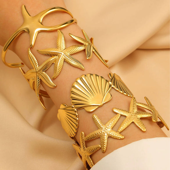 Bohemian Style Stainless Steel Open Bracelet With Starfish And Ocean Design Electroplated