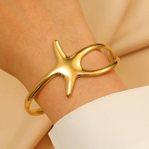 Bohemian Style Stainless Steel Open Bracelet With Starfish And Ocean Design Electroplated