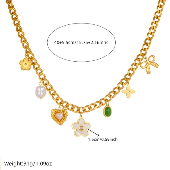 Bohemian Style Thick Sweater Chain With White Shell Five Leaf Flower Diamond Square Pendant Stainless Steel Jewelry With Heart Shape And Bow Tie Pattern Electroplating Treatment