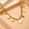 Bohemian Style Thick Sweater Chain With White Shell Five Leaf Flower Diamond Square Pendant Stainless Steel Jewelry With Heart Shape And Bow Tie Pattern Electroplating Treatment