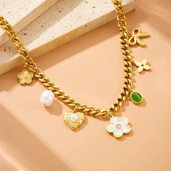 Bohemian Style Thick Sweater Chain With White Shell Five Leaf Flower Diamond Square Pendant Stainless Steel Jewelry With Heart Shape And Bow Tie Pattern Electroplating Treatment