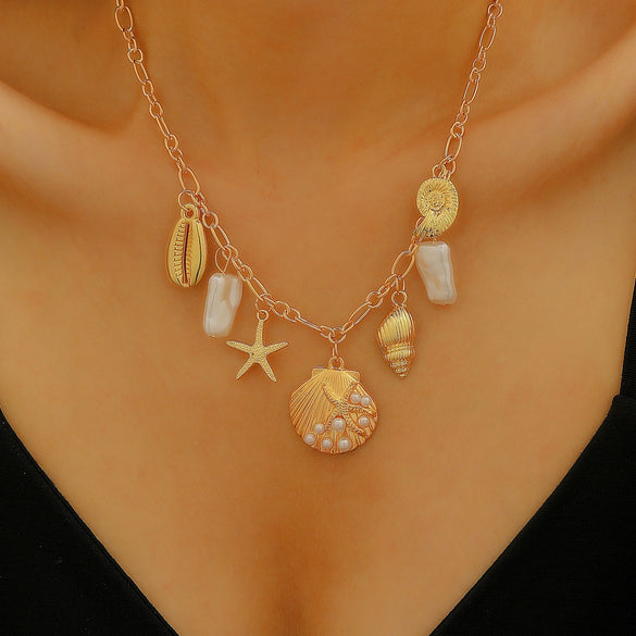 Bohemian Summer Beach Shell Imitation Pearl Starfish Conch Alloy Jewelry With Electroplating For Women