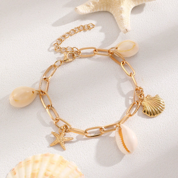 Bohemian Summer Beach Shell Imitation Pearl Starfish Conch Alloy Jewelry With Electroplating For Women