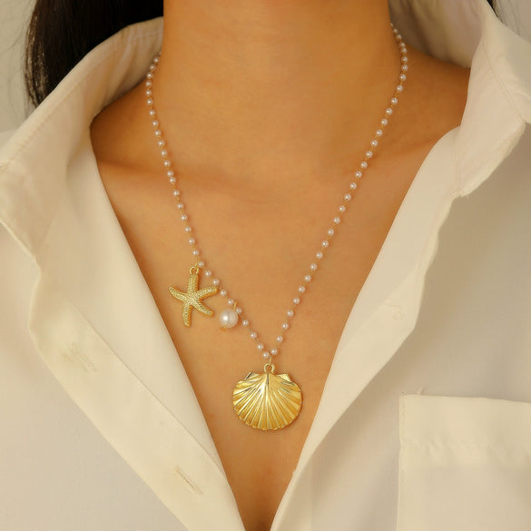 Bohemian Summer Beach Shell Imitation Pearl Starfish Conch Alloy Jewelry With Electroplating For Women