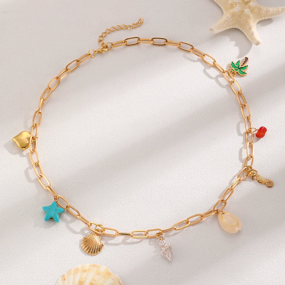 Bohemian Summer Beach Shell Imitation Pearl Starfish Conch Alloy Jewelry With Electroplating For Women