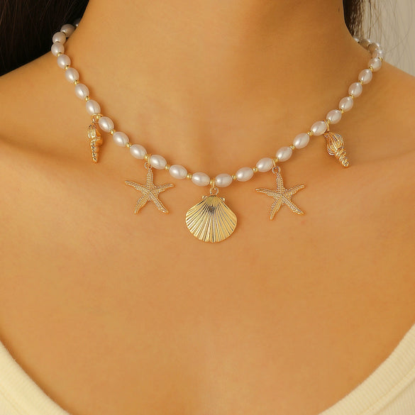 Bohemian Summer Beach Shell Imitation Pearl Starfish Conch Alloy Jewelry With Electroplating For Women