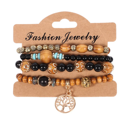 Bohemian Tree Flower Alloy Wooden Beads Charm Women's Bracelets