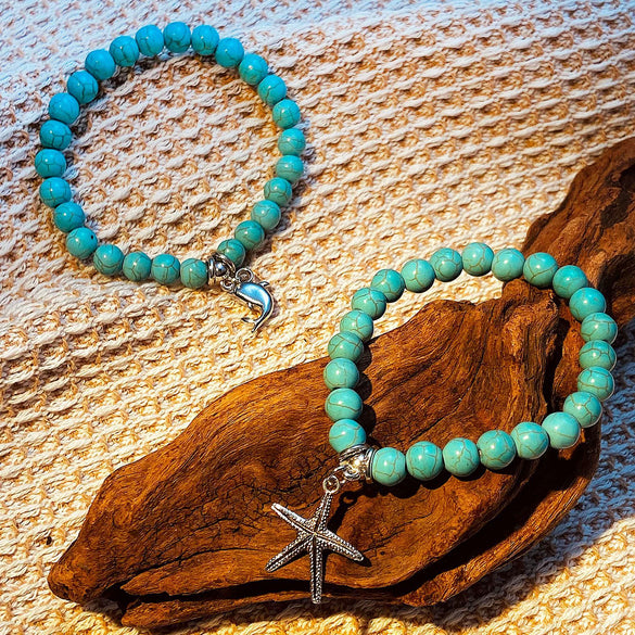 Bohemian Turquoise Beaded Alloy Handmade Bracelet With Cross Starfish Turtle Geometric Design