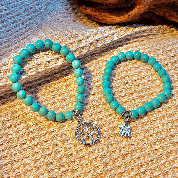 Bohemian Turquoise Beaded Alloy Handmade Bracelet With Cross Starfish Turtle Geometric Design