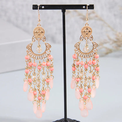 Bohemian Water Droplets Tassel Alloy Resin Seed Bead Women'S Drop Earrings