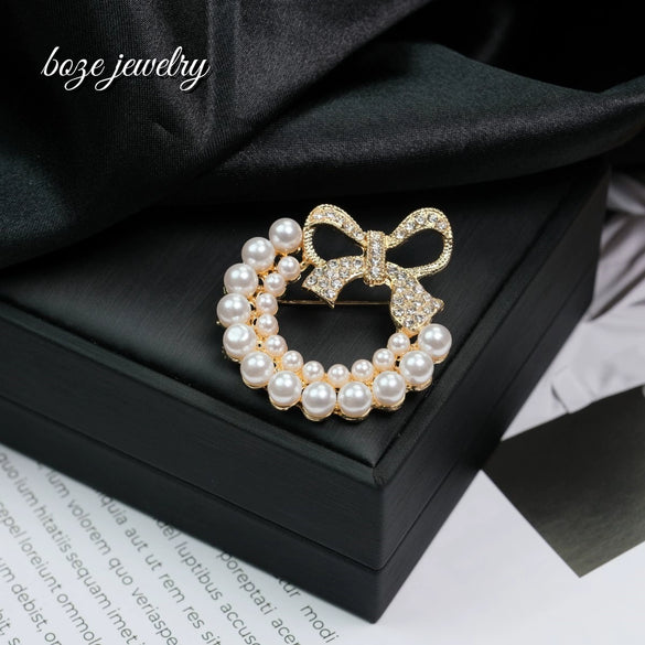 Bow Brooch Zinc Alloy Pearl Encrusted Diamond Electroplated Fashionable Artistic Style