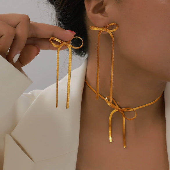 Bow Earring Jewelry Set For Women Metal Titanium Steel Electroplated Design