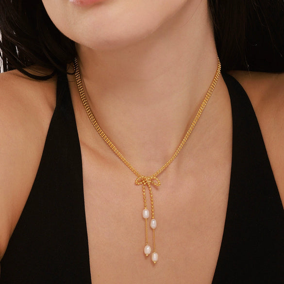 Bow Earrings And Tassel Freshwater Pearl Necklace In Stainless Steel With 18K True Gold Plated Electroplating For Women
