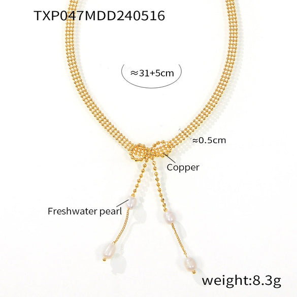 Bow Earrings And Tassel Freshwater Pearl Necklace In Stainless Steel With 18K True Gold Plated Electroplating For Women