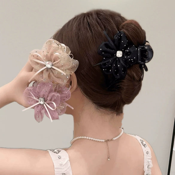 Bow Mesh Ribbon Flower Handmade Hairpin For Women Shark Clip Ponytail Clip Hair Accessories